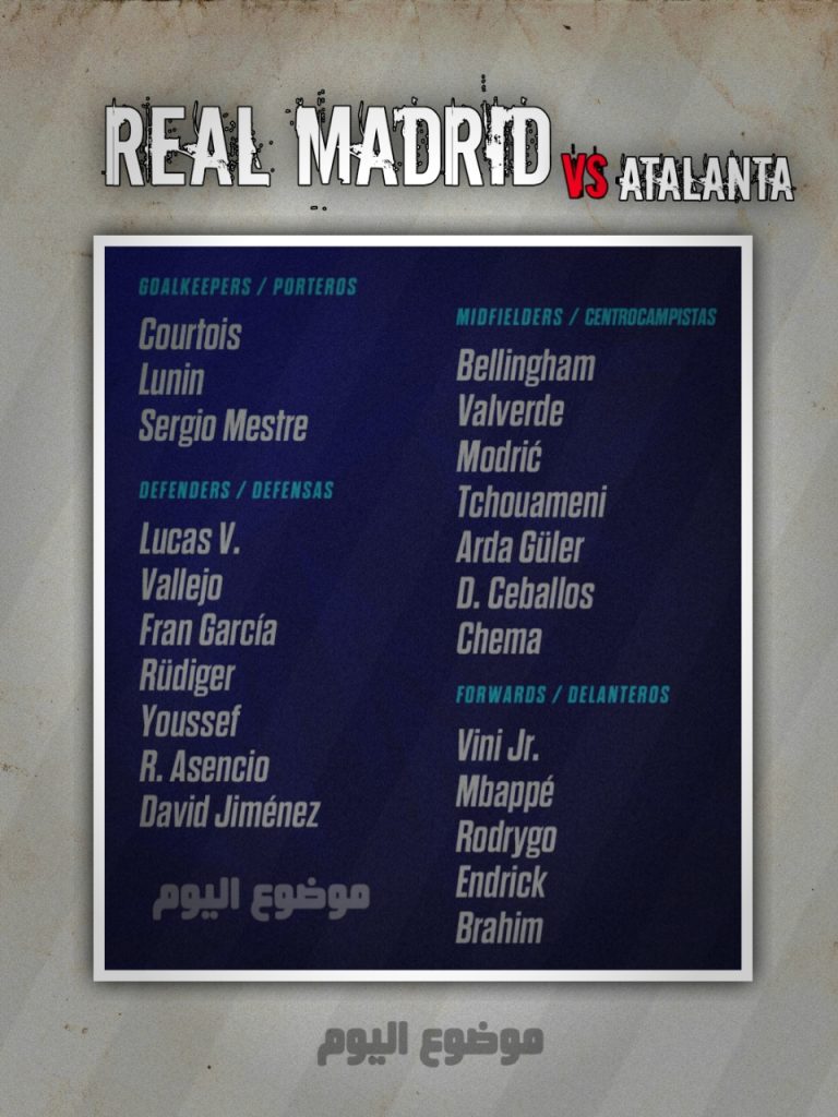 تشكيلة ريال مدريد ضد أتالانتا في دوري أبطال أوروبا