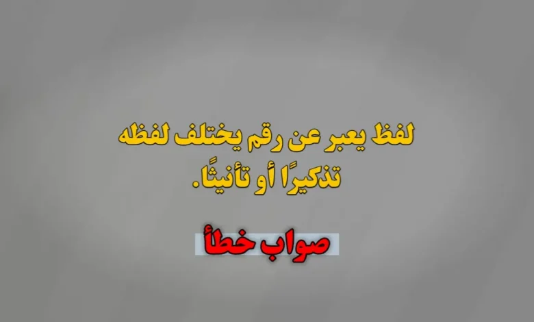 لفظ يعبر عن رقم يختلف لفظه تذكيرًا أو تأنيثًا. صواب خطأ